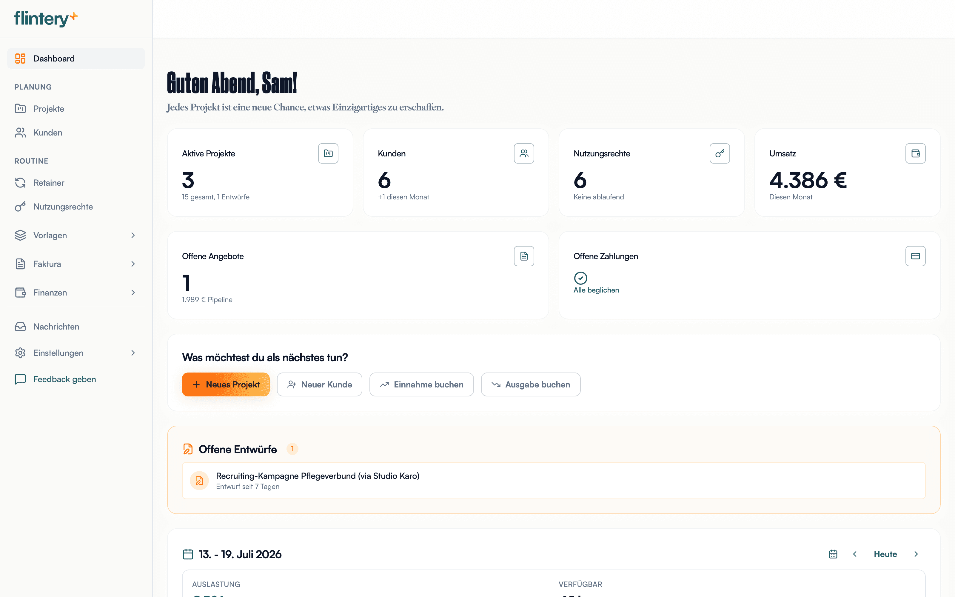 Das flintery Dashboard: Projekte, Umsatz, Auslastung und offene Zahlungen auf einen Blick